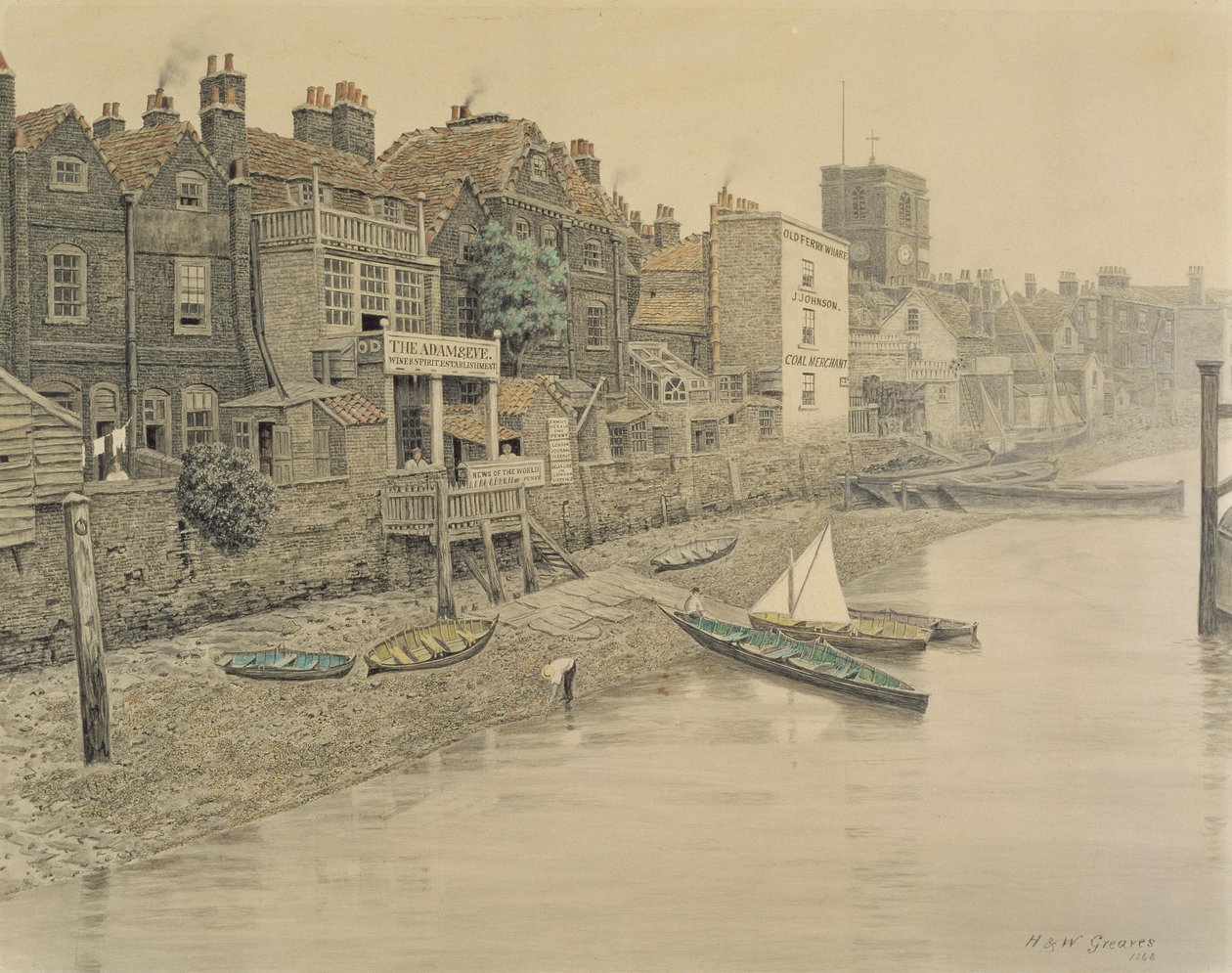 Uma vista do Tamisa Mostrando o Adam and Eve Tavern em Chelsea, 1868 (veja também 45025) de Walter Greaves