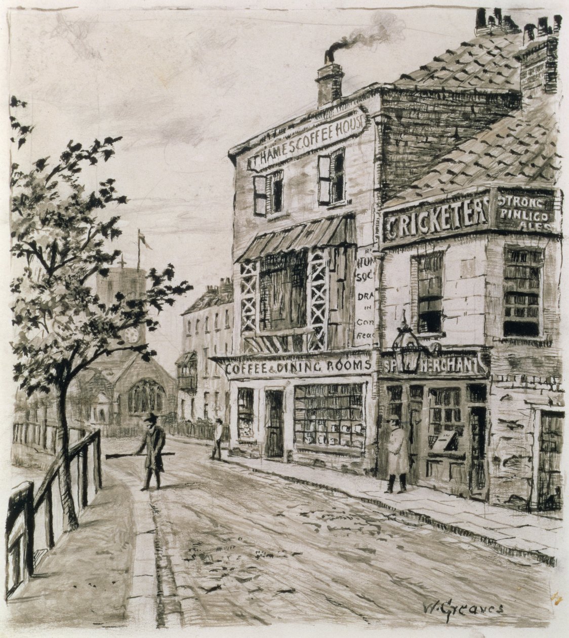 O Cricketers e o Thames Coffee House, Chelsea (tinta no papel) de Walter Greaves