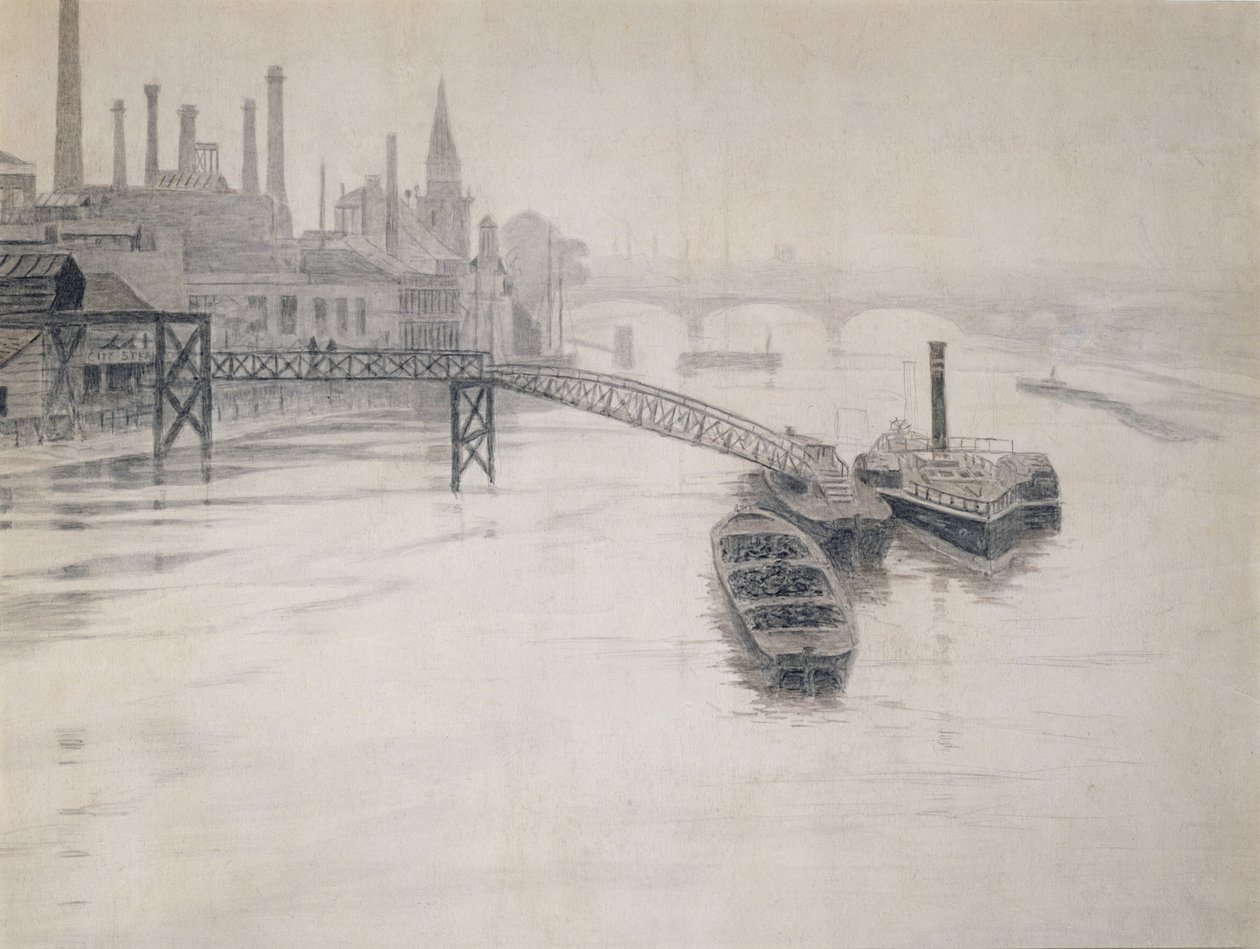 Vista, thames, cidade, fluxo, companhia, jetty, battersea, poder, estação de Walter Greaves