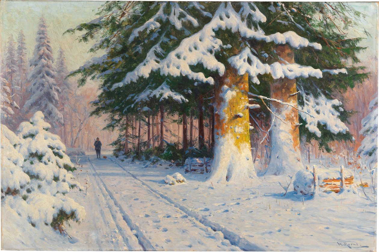 Hunter voltar para casa em uma floresta de inverno de Walter Moras
