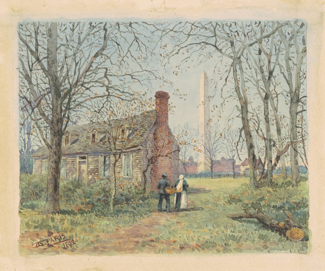 David Burnss Cottage e o Monumento a Washington, Washington DC, 1892 (aguarela e grafite em papel tufado) de Walter Paris