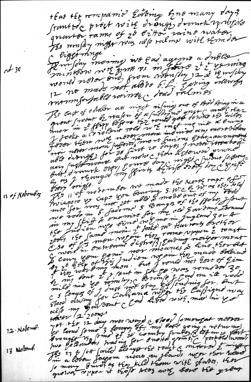 Extraído do diário de Raleigh de sua segunda viagem à Guiana, mostrando as entradas para 29 e 30 de outubro, e 11, 12 e 13 de novembro de 1617 de Walter Raleigh