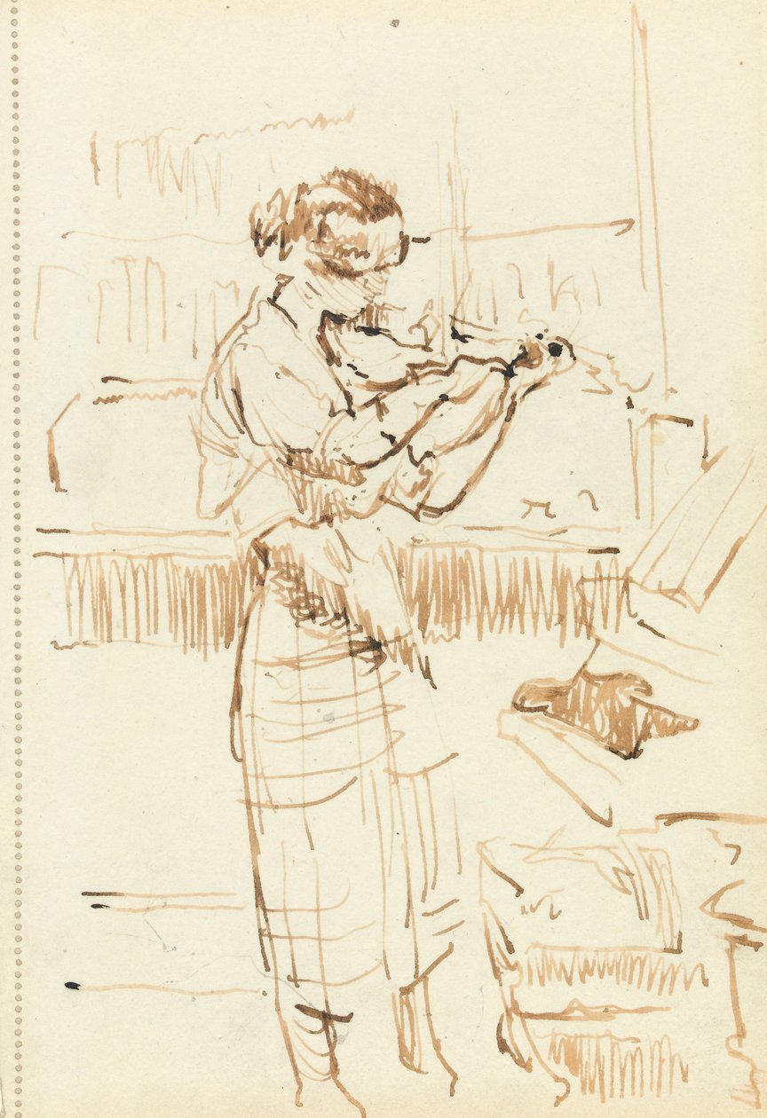 Menina tocando um violino (pena und tinta marrom no papel) de Walter Richard Sickert