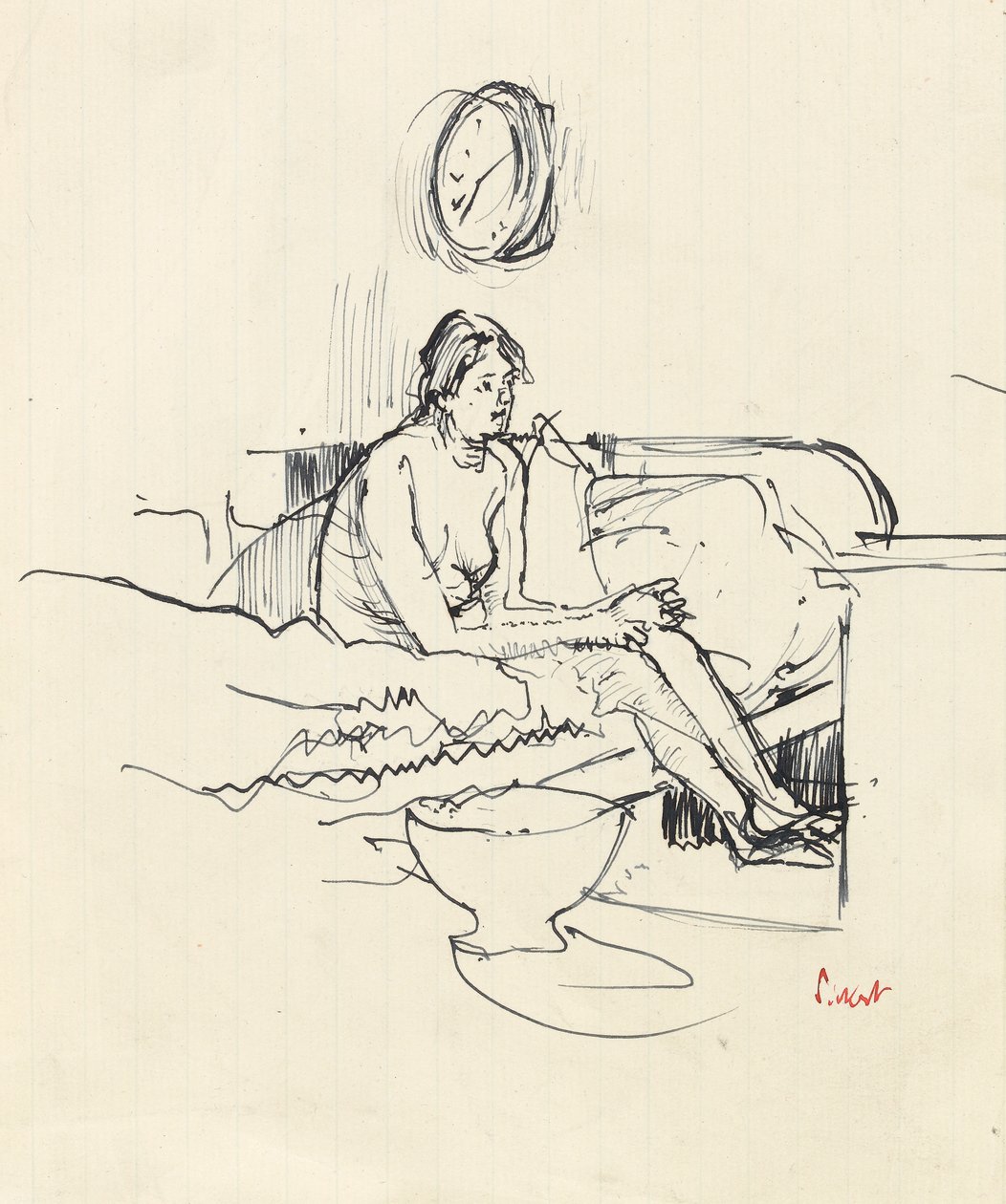 Menina sentada em uma cama (caneta e tinta azul no papel) de Walter Richard Sickert