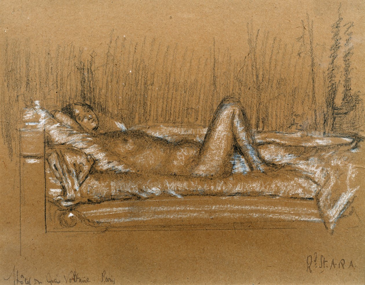 Jeanne, Quai Voltaire Hotel, Paris (carvão e giz branco sobre papel) de Walter Richard Sickert