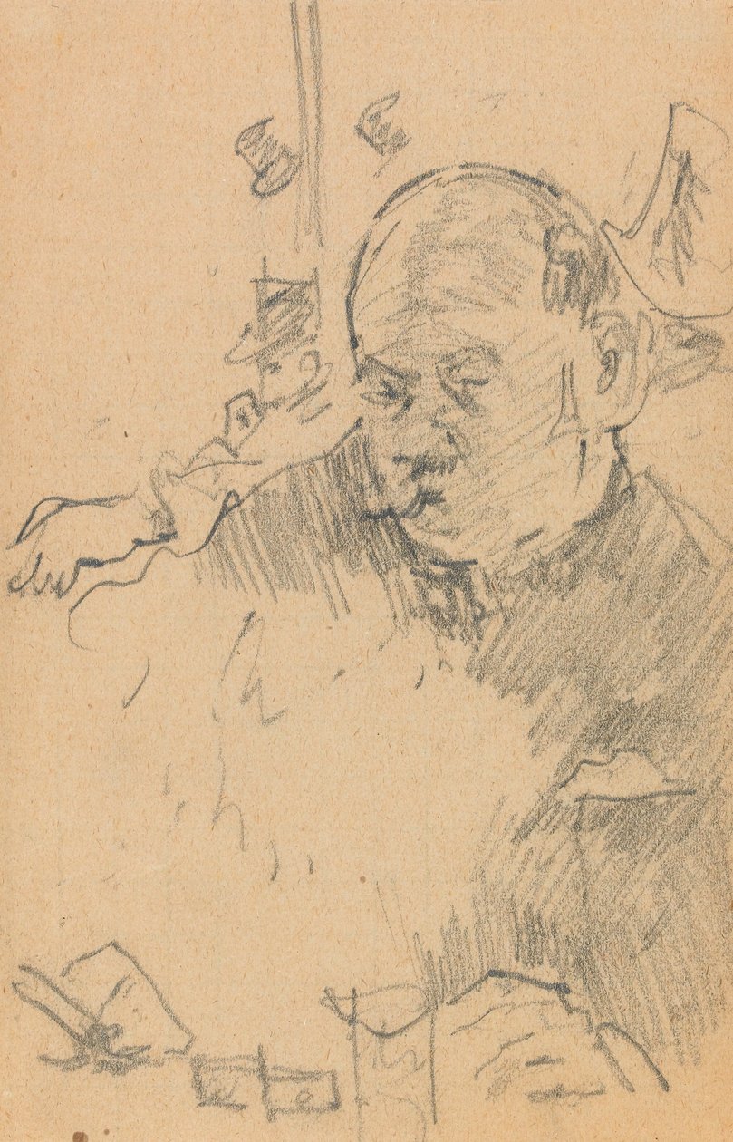 Homem de bigode sentado, bebendo em um bar com dois outros homens de chapéu (grafite sobre papel) de Walter Richard Sickert