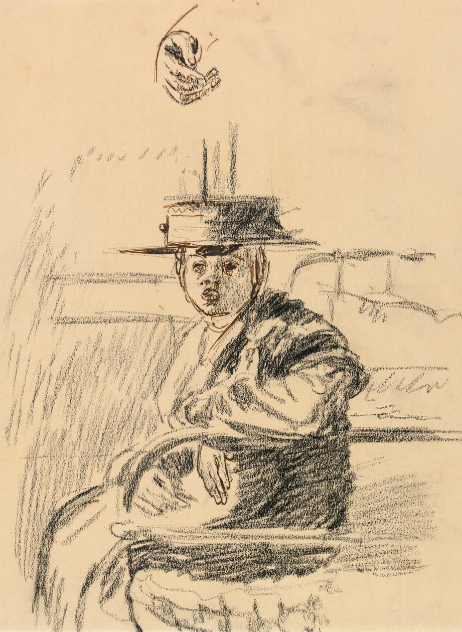 Mulher sentada com um velejador de palha (carvão com caneta und tinta marrom no papel) de Walter Richard Sickert