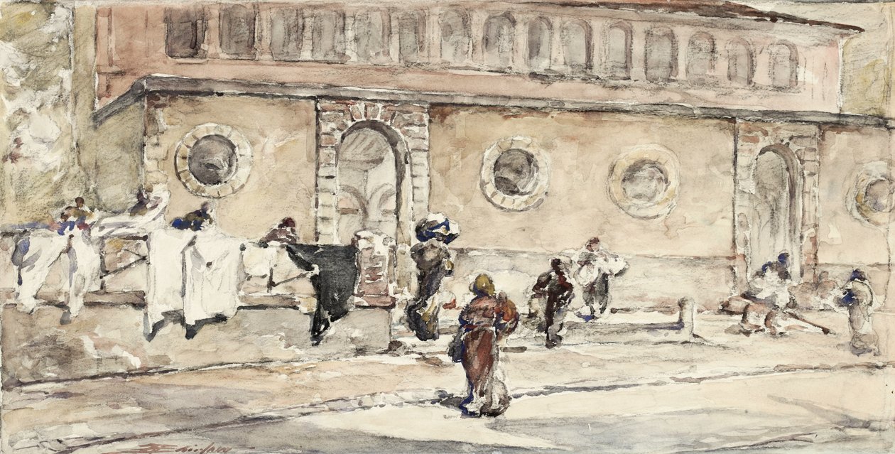 Figuras na frente de um edifício espanhol (wc no papel) de Walter Shirlaw