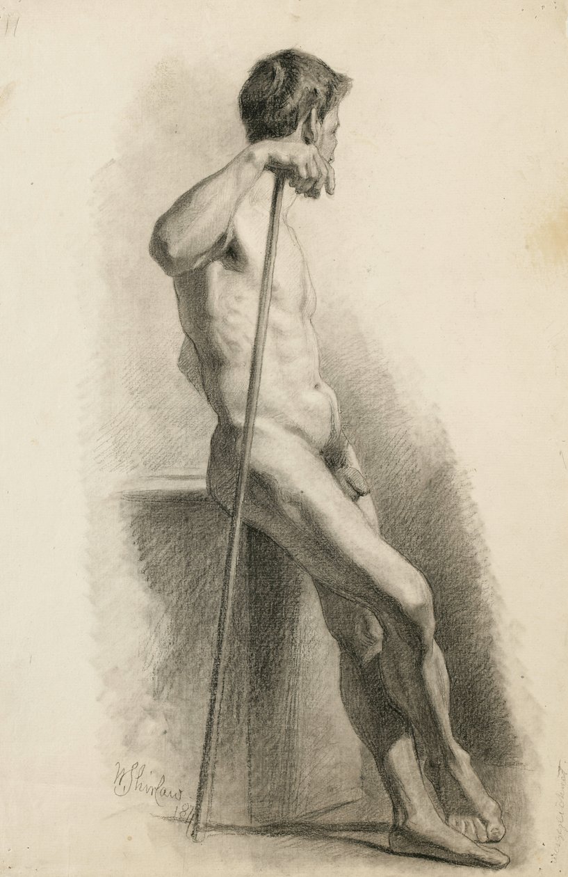 Estudo de nudez masculina com equipe, vista lateral, 1871 (carvão sobre papel brilhante) de Walter Shirlaw