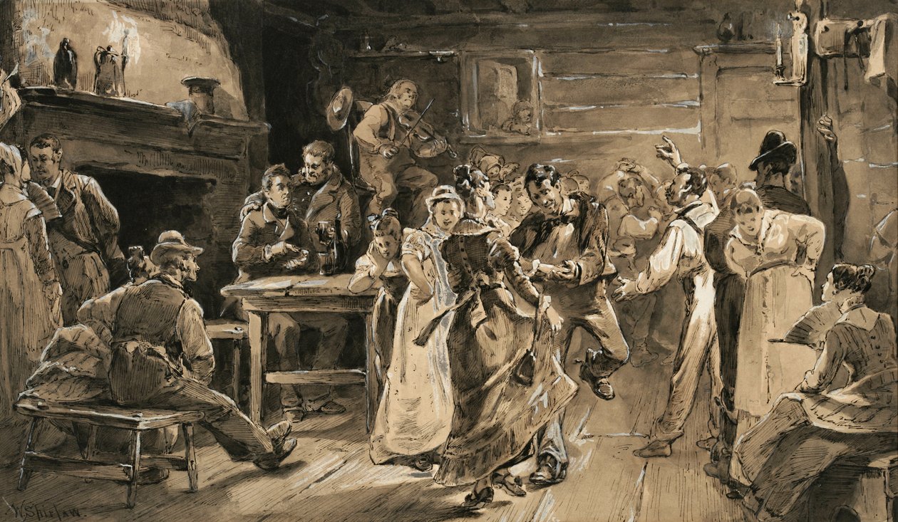 The Country Dance (caneta e tinta com lavagem no papel) de Walter Shirlaw
