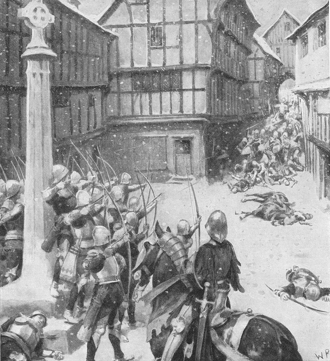 Um Corpo de Arqueiros formou e atirou flecha após flecha no meio de seus inimigos, ilustração de "Batalhas Britânicas na Terra e no Mar", publicada por Cassell, Londres, c.1910 de Walter Stanley Paget
