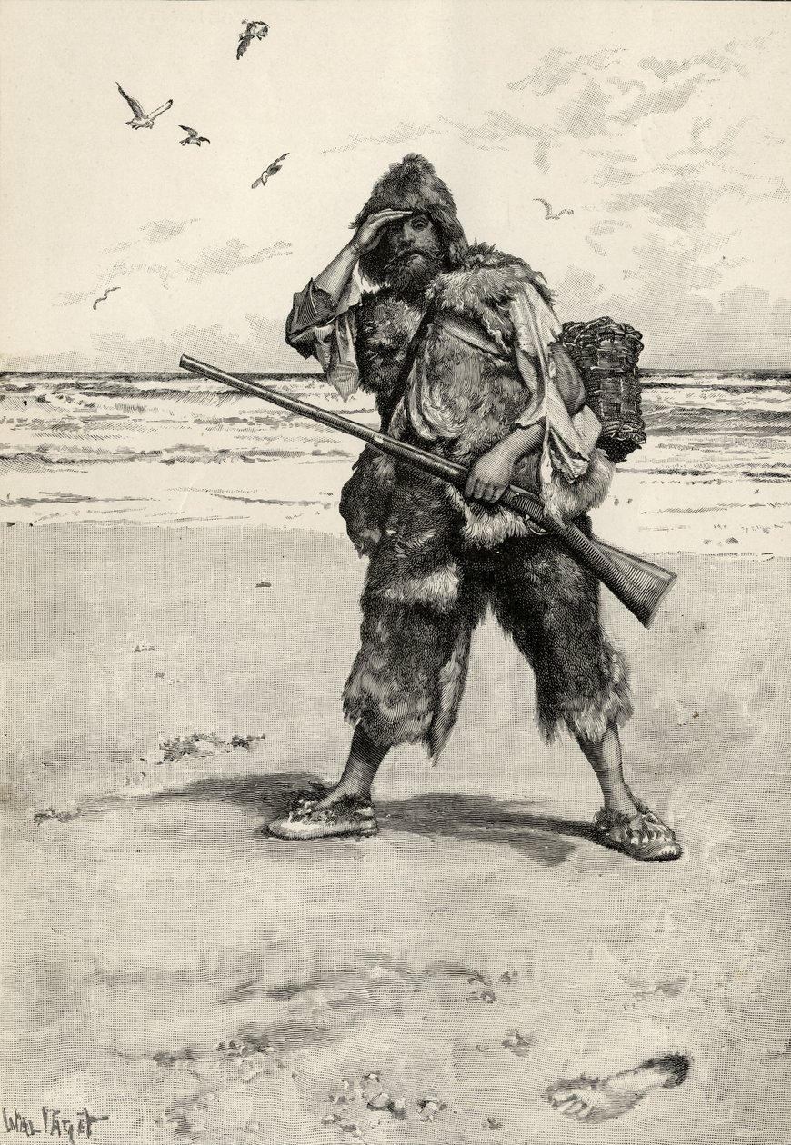 "Parei como um Thunderstruck", ilustração de "Robinson Crusoe", de Daniel Defoe (1660-1731), publicada por Cassell and Company, 1896 de Walter Stanley Paget
