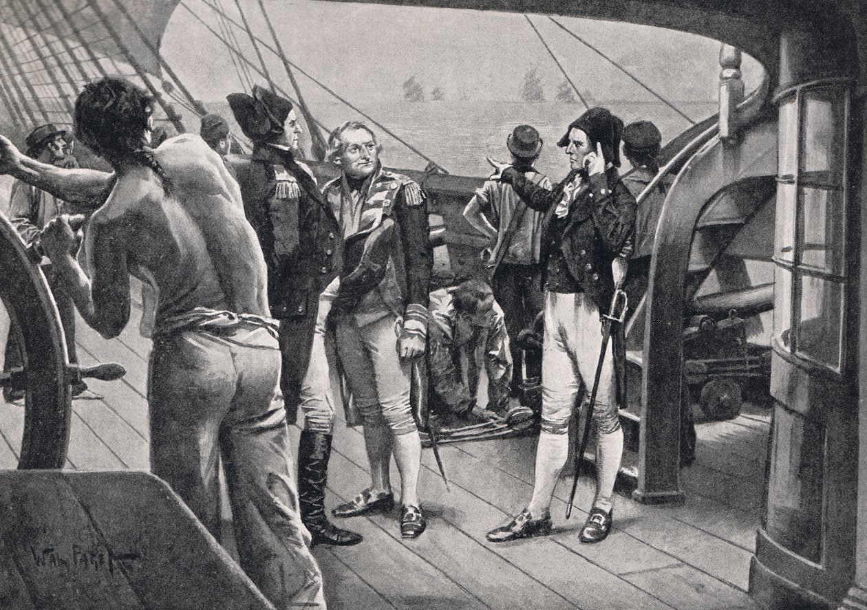 Sir John, há vinte e sete velas da linha, ilustração de "Batalhas Britânicas na Terra e no Mar", publicada por Cassell, Londres, c.1910 de Walter Stanley Paget