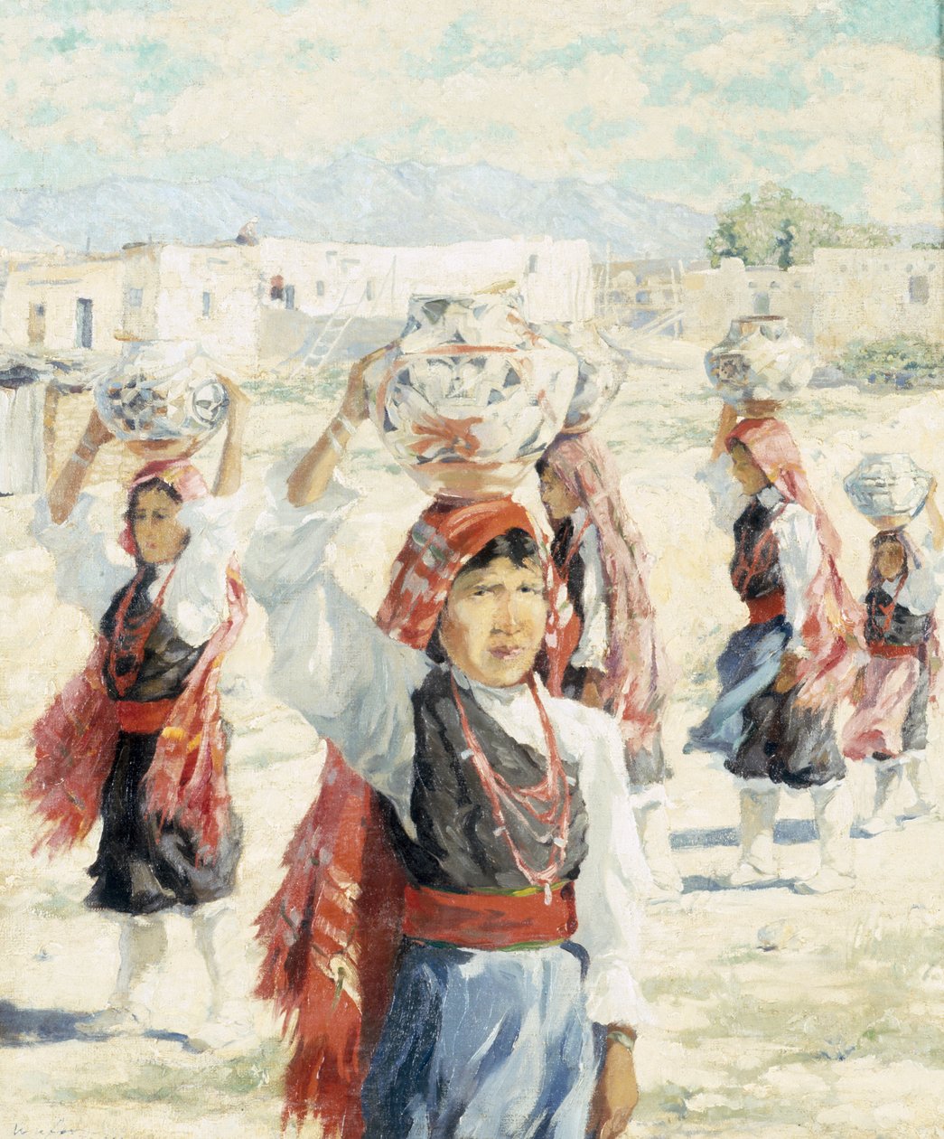 Meninas de Isleta, c.1915 (óleo sobre tela a bordo) de Walter Ufer