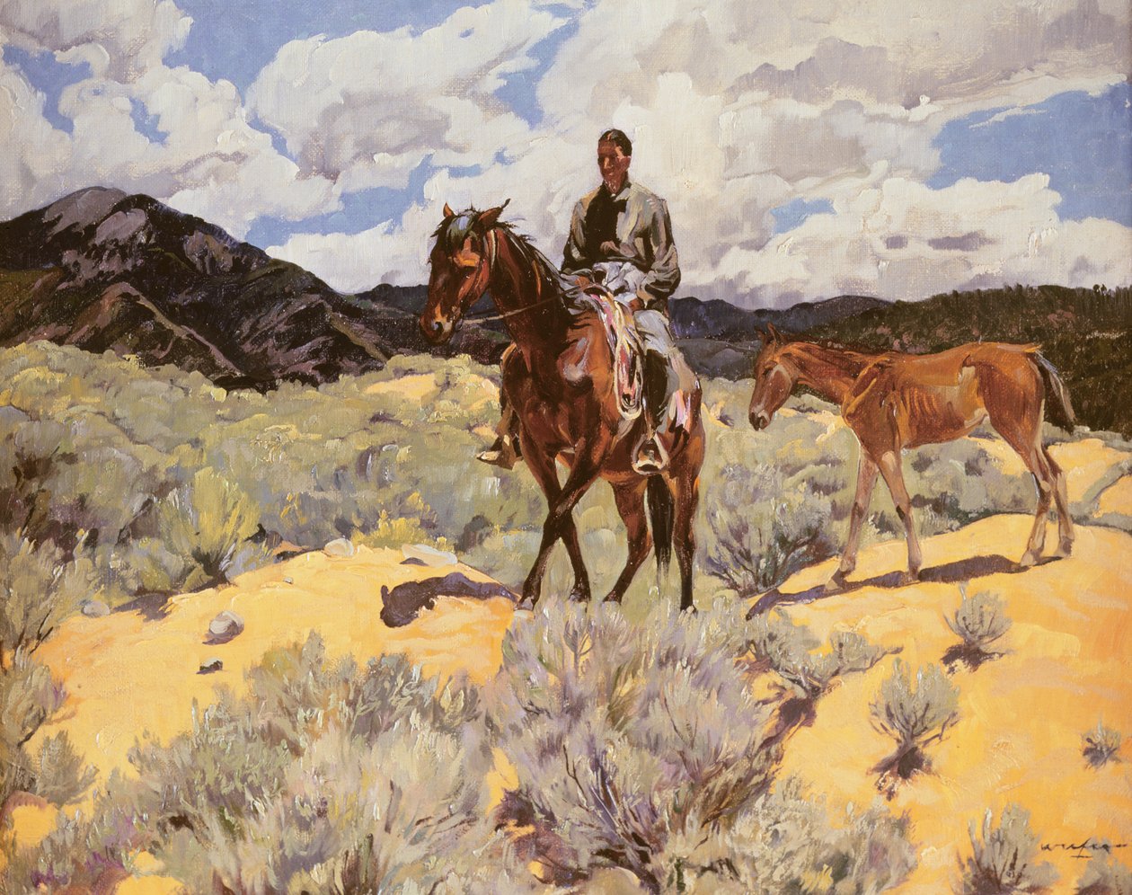 Indiano a cavalo com potro, c.1930 de Walter Ufer