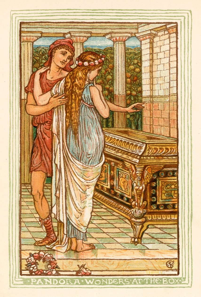 Pandora maravilha-se com a caixa (litografia a cores) de Walter (after) Crane
