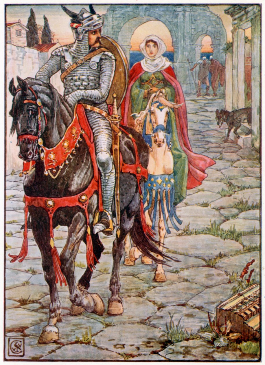 Sir Geraint e Lady Enid na cidade romana deserta (litografia a cores) de Walter (after) Crane