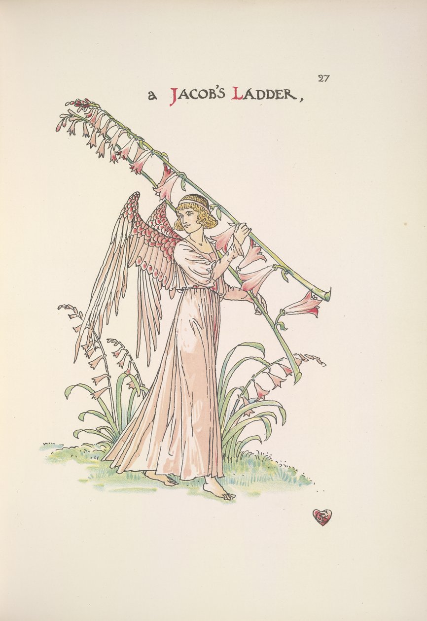 Uma escada de Jacob. Um anjo segurando uma escada feita de plantas de Walter Crane