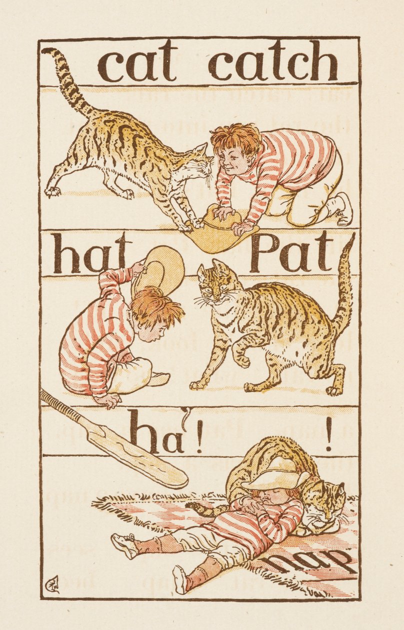 Um rapaz a brincar com um gato. Ilustração em 