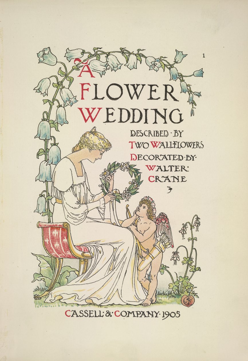 Uma mulher sentada segurando uma grinalda; um anjo a olhar para ela de Walter Crane