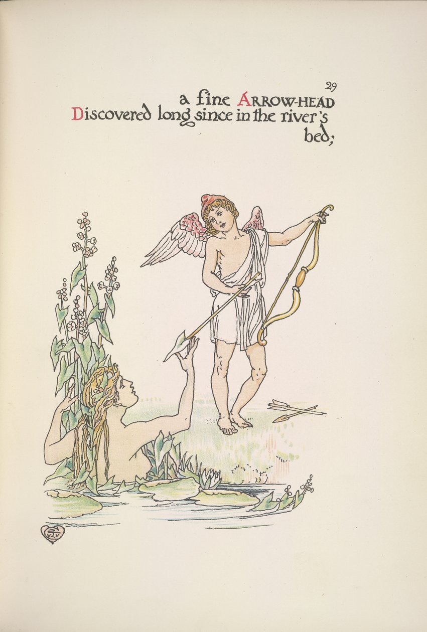 Um anjo segurando uma flecha, e uma senhora num rio ou lago de Walter Crane