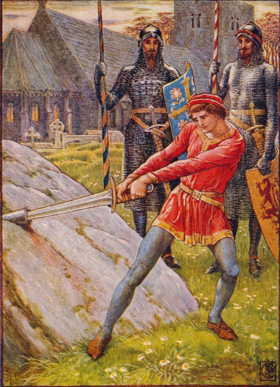Arthur tira a espada da pedra, 1911. de Walter Crane