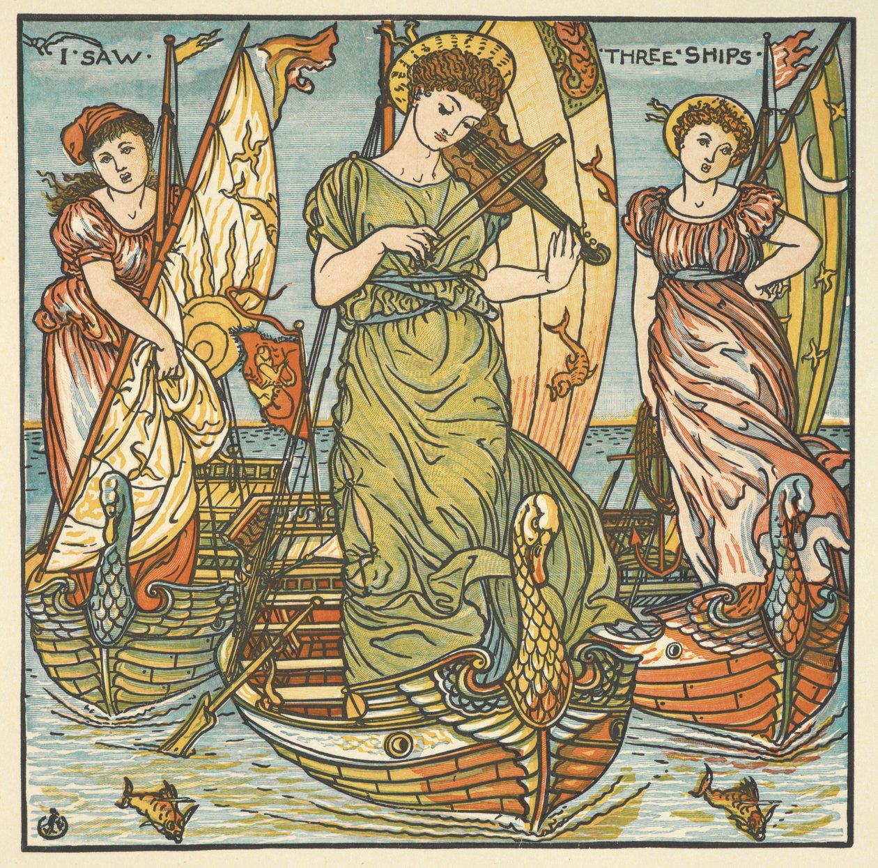 Ilustração a cores para "Vi três navios". Três mulheres, uma a tocar violino, de pé em navios. de Walter Crane