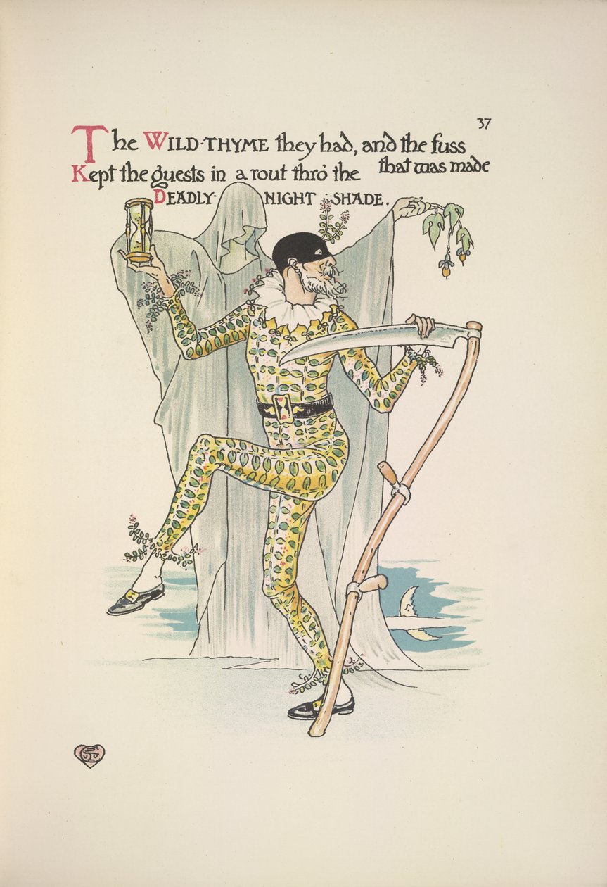 Sombra nocturna mortífera. Um homem usando uma máscara, um fato amarelo e segurando um temporizador de ovo e uma foice de Walter Crane