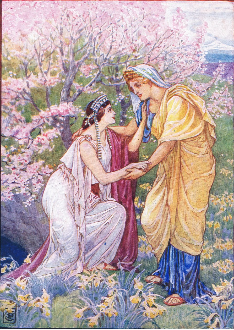 Demeter regozijou-se por sua filha estava ao seu lado, ilustração da história da Grécia, década de 1930 de Walter Crane