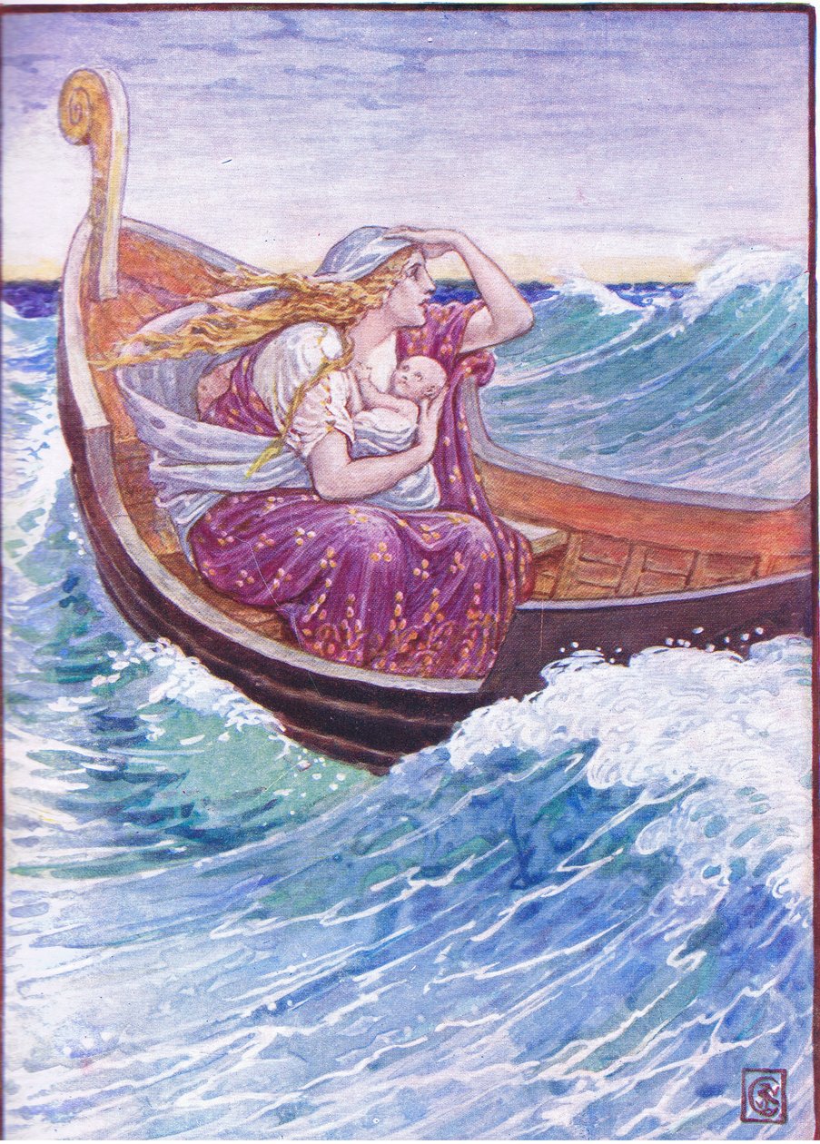 Durante dois dias e duas noites, o barco foi jogado para lá e para cá, ilustração da História da Grécia, década de 1930 de Walter Crane
