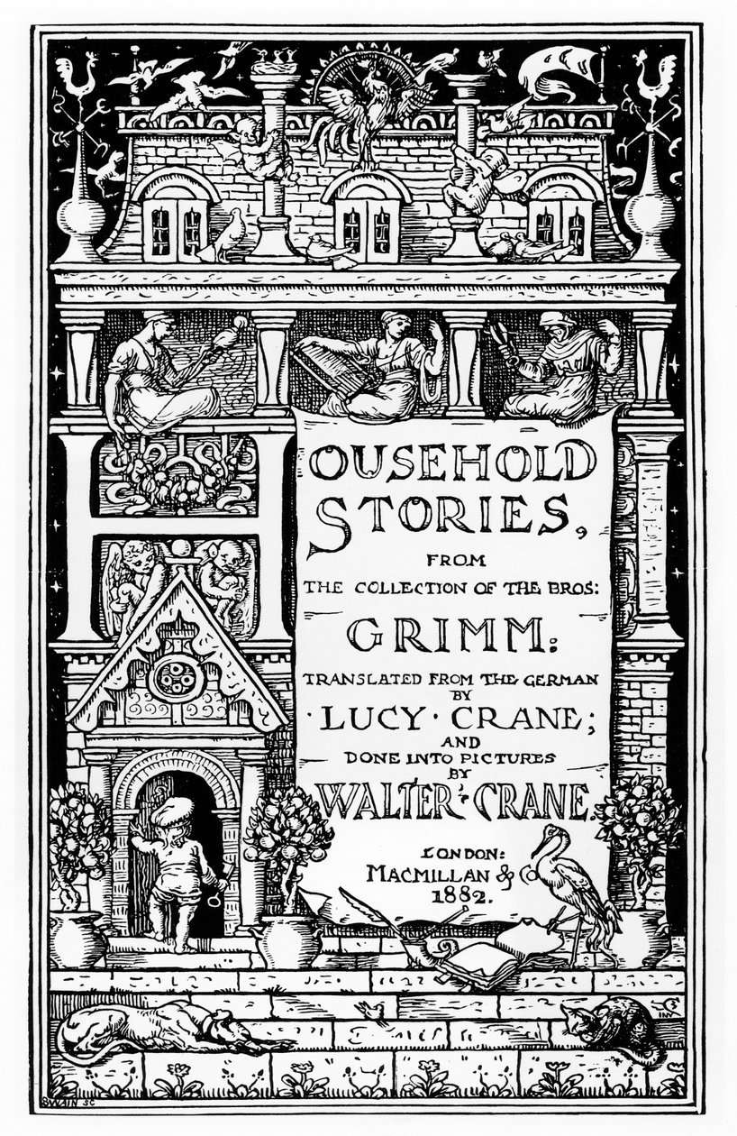 Capa de &39;Household Stories&39;, dos irmãos Grimm, publicada pela Macmillan und Co., 1882 de Walter Crane