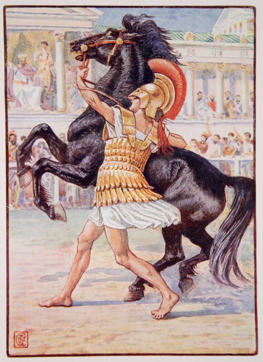 Ele correu em direção ao cavalo e pegou o freio, ilustração de "A História da Grécia", de Mary Macgregor, 1a edição, 1913 (impressão colorida) de Walter Crane