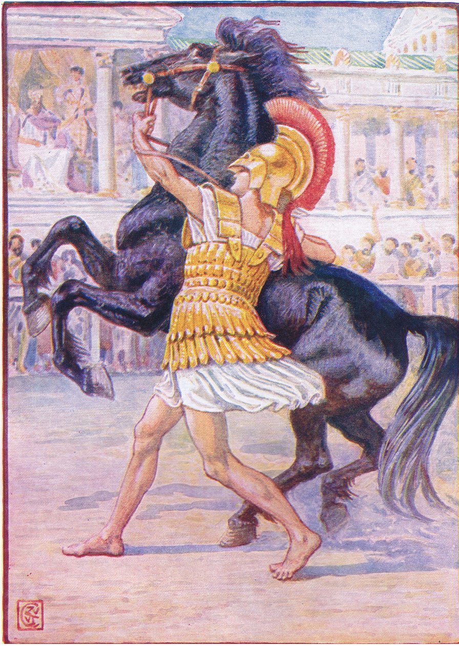 Ele correu em direção ao cavalo e pegou o freio, ilustração da história da Grécia de 1930 de Walter Crane