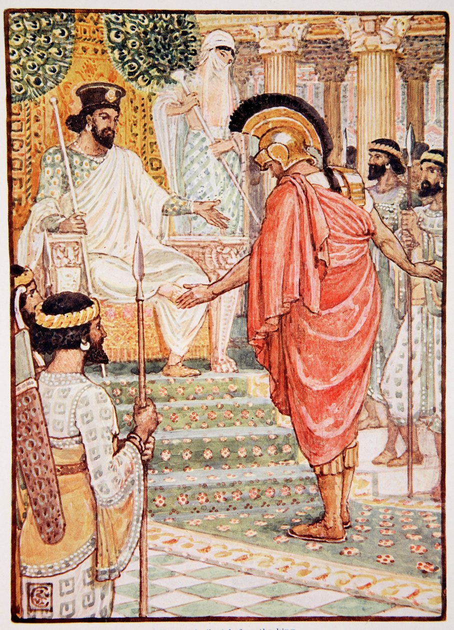 Ele ficou em silêncio diante do rei, ilustração de "A História da Grécia", de Mary Macgregor, 1a edição, 1913 (impressão colorida) de Walter Crane