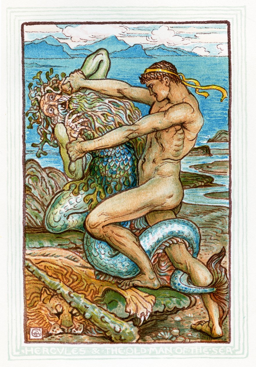 Hércules e o velho do mar de Walter Crane