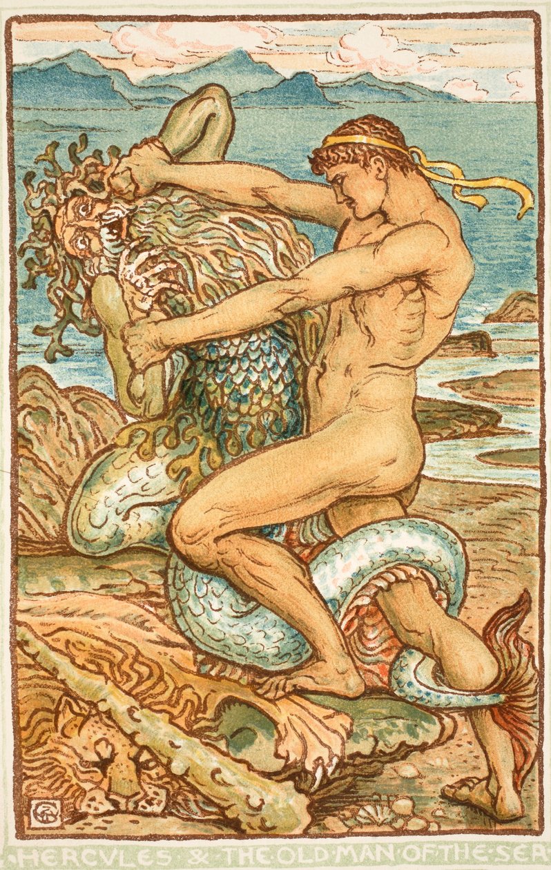 Hércules e o velho homem do mar, ilustração de &39;A Wonder-Book para meninas e meninos&39; por Nathanial Hawthorne, 1852 de Walter Crane