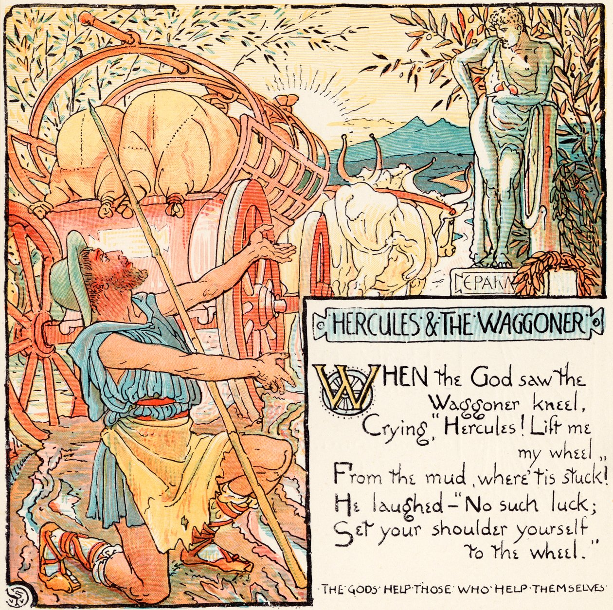 Hércules e Waggoner, ilustração de &39;Baby&39;s Own Esopo&39;, gravada e impressa por Edmund Evans, Londres, publicada em 1920 de Walter Crane