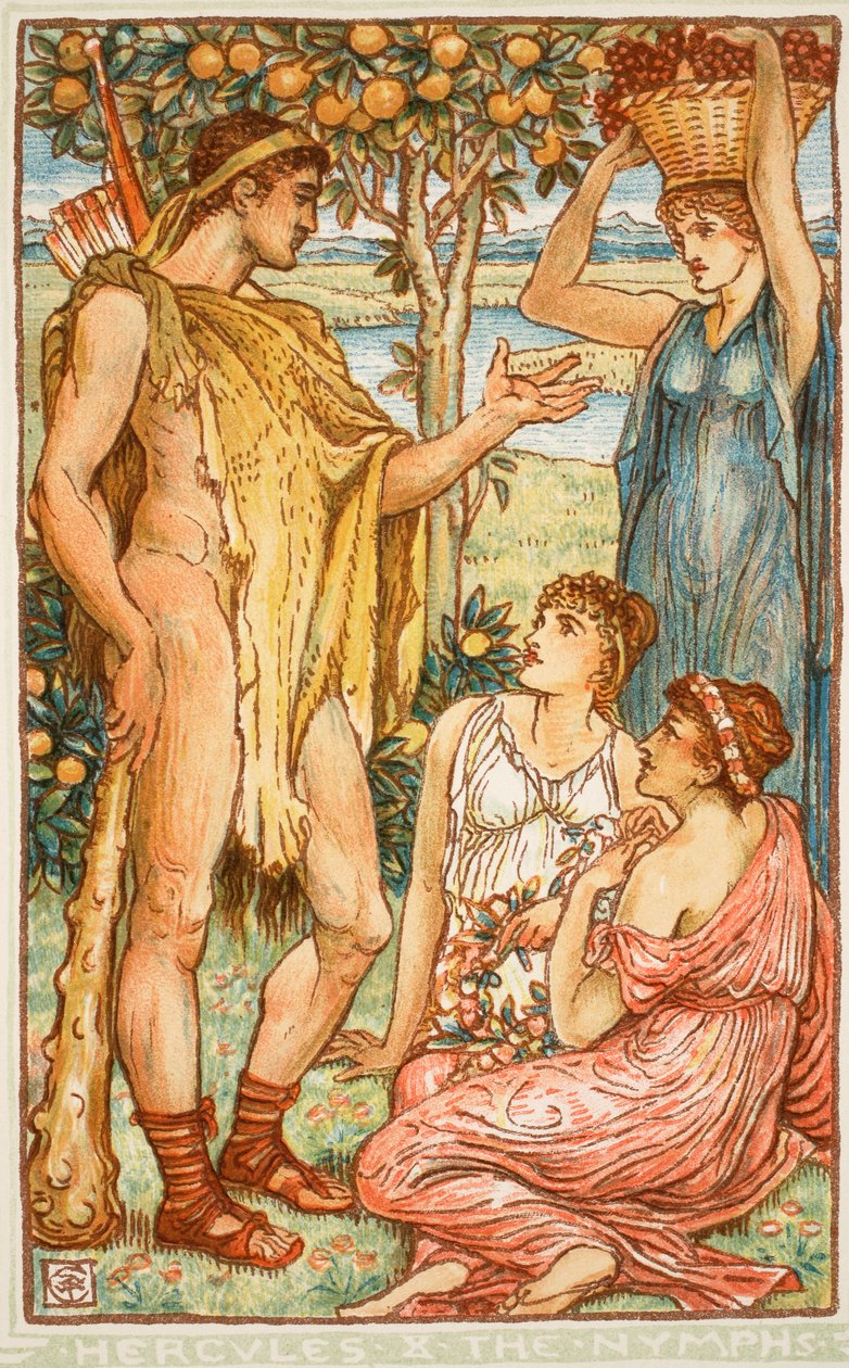 Hércules e as ninfas, ilustração de &39;A Wonder-Book para meninas e meninos&39; por Nathanial Hawthorne, 1852 de Walter Crane