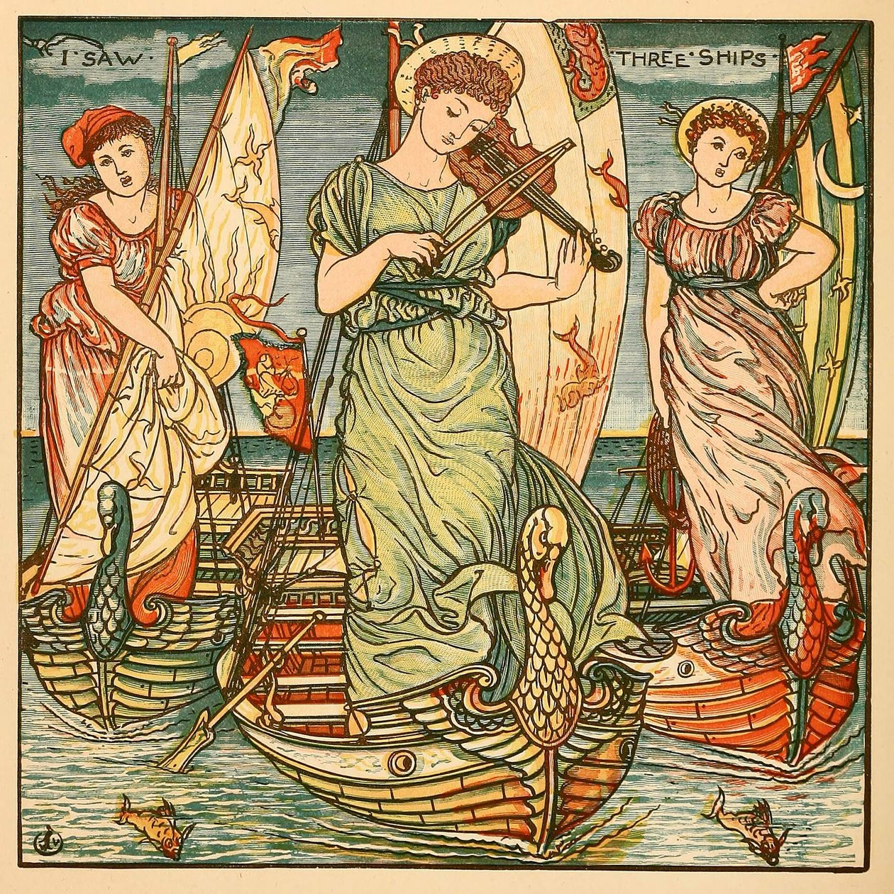 Eu vi três navios, do livro de pintura de Walter Crane, pub. Litografia colorida de 1889, 1889. de Walter Crane