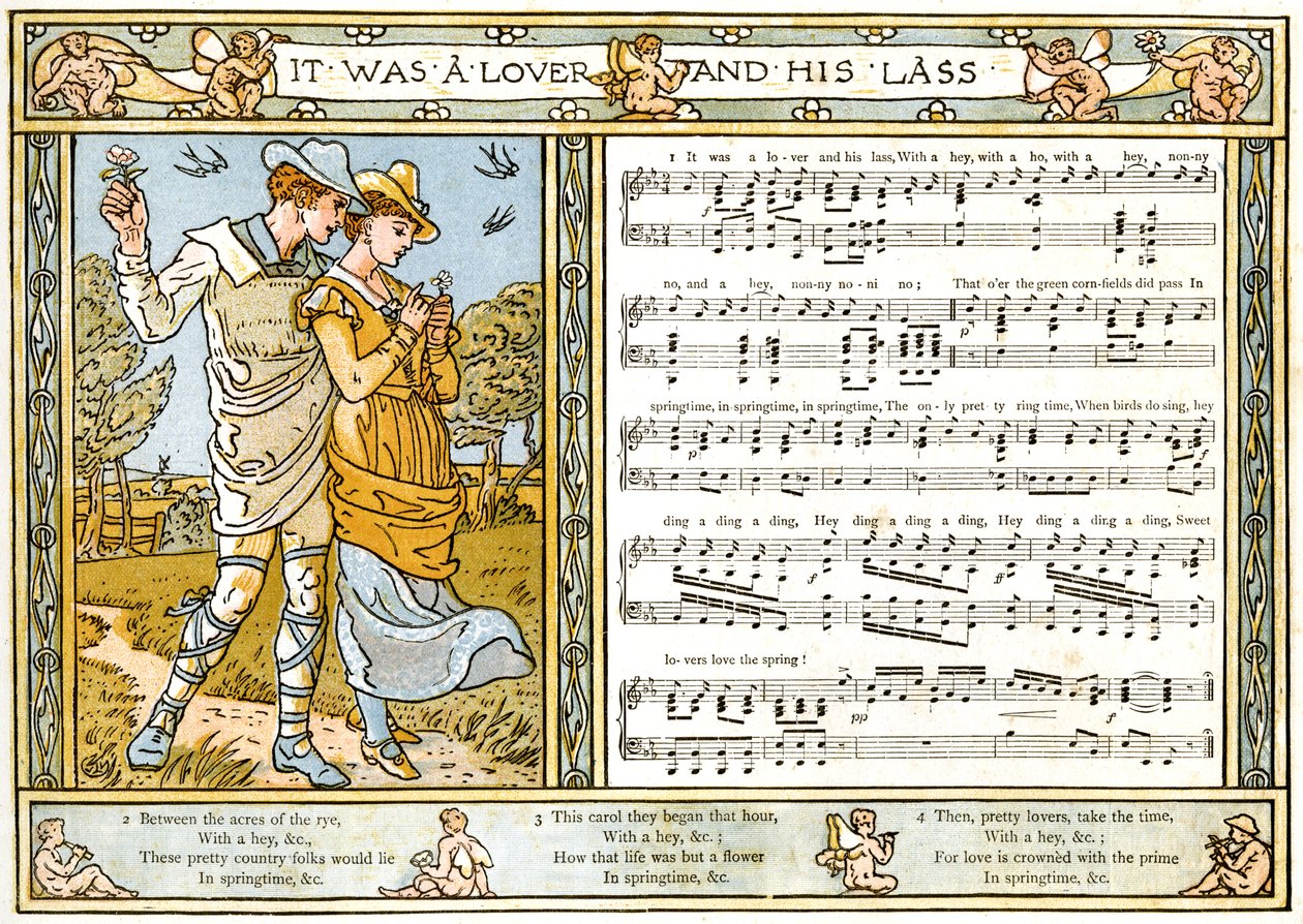 &39;Era um amante e sua Lass&39;, ilustração da canção de &39;Pan-Pipes&39;, um livro de canções antigas, recentemente arranjado e com acompanhamentos por Theo. Marzials, publicado em Londres por George Routledge und Sons, 1884 ( de Walter Crane