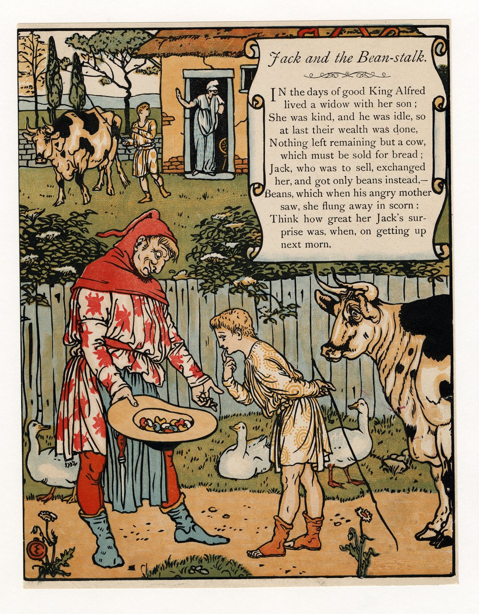 O Jack vende a sua vaca por feijões, de The Blue Beard Picture Book, pub. 1879 (cor litho) de Walter Crane