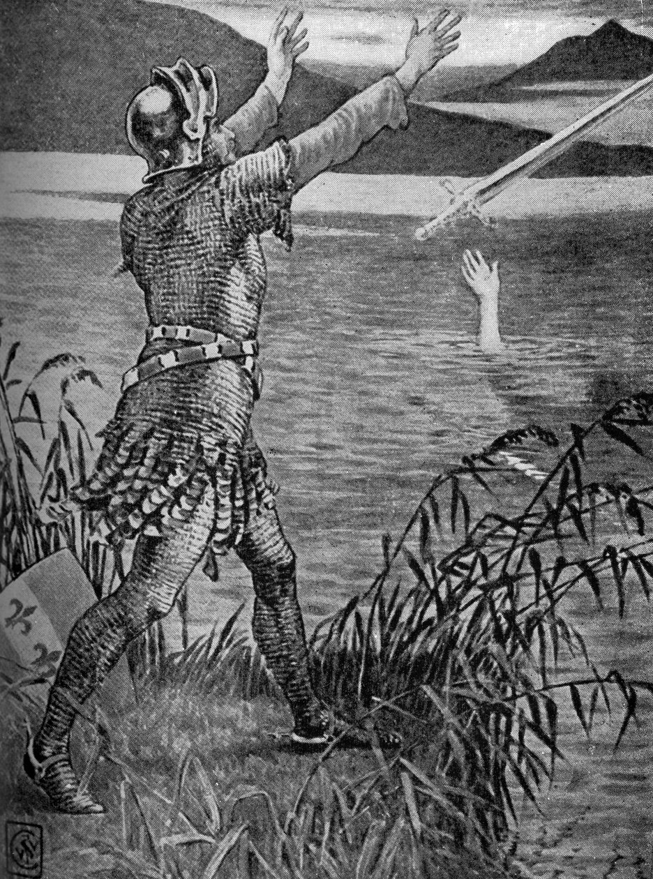 O Rei Artur... Sir Bedivere atirando Excalibur. de Walter Crane