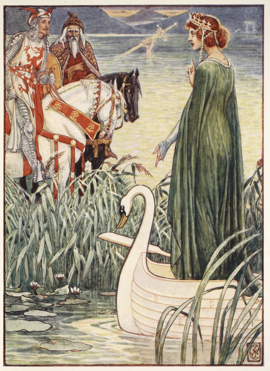 Rei Arthur pede à Senhora do Lago a espada Excalibur, de "Histórias dos Cavaleiros da Távola Redonda" de Henry Gilbert, primeira edição, 1911 de Walter Crane