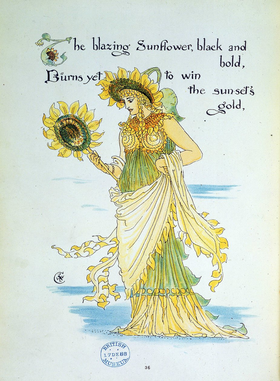 O girassol (sol) personificado numa jovem mulher vestida de amarelo e verde. Placa 36 de "Flora