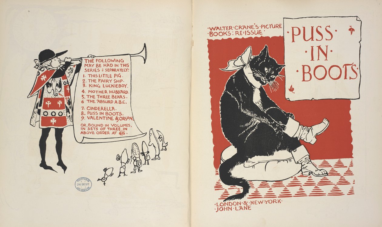 Lista de conteúdos e página de título de "Gato de Botas". de Walter Crane