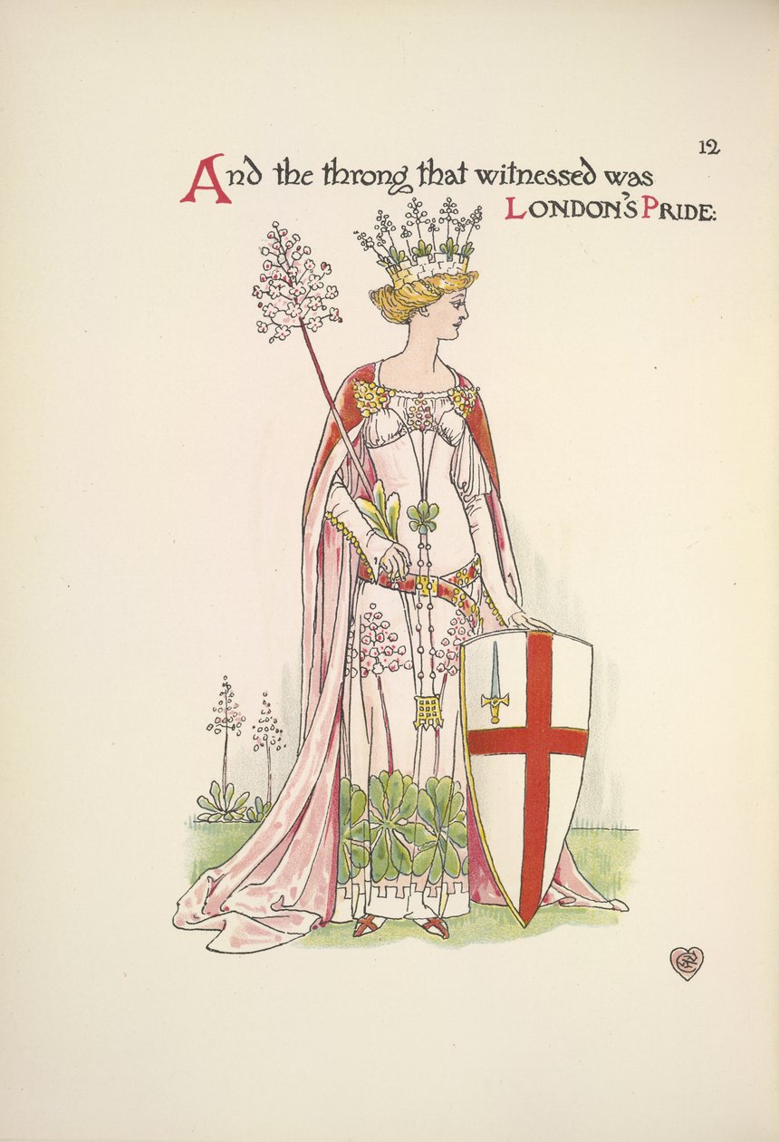 O Orgulho de Londres. Uma jovem mulher segurando um escudo com a cruz de São Jorge de Walter Crane