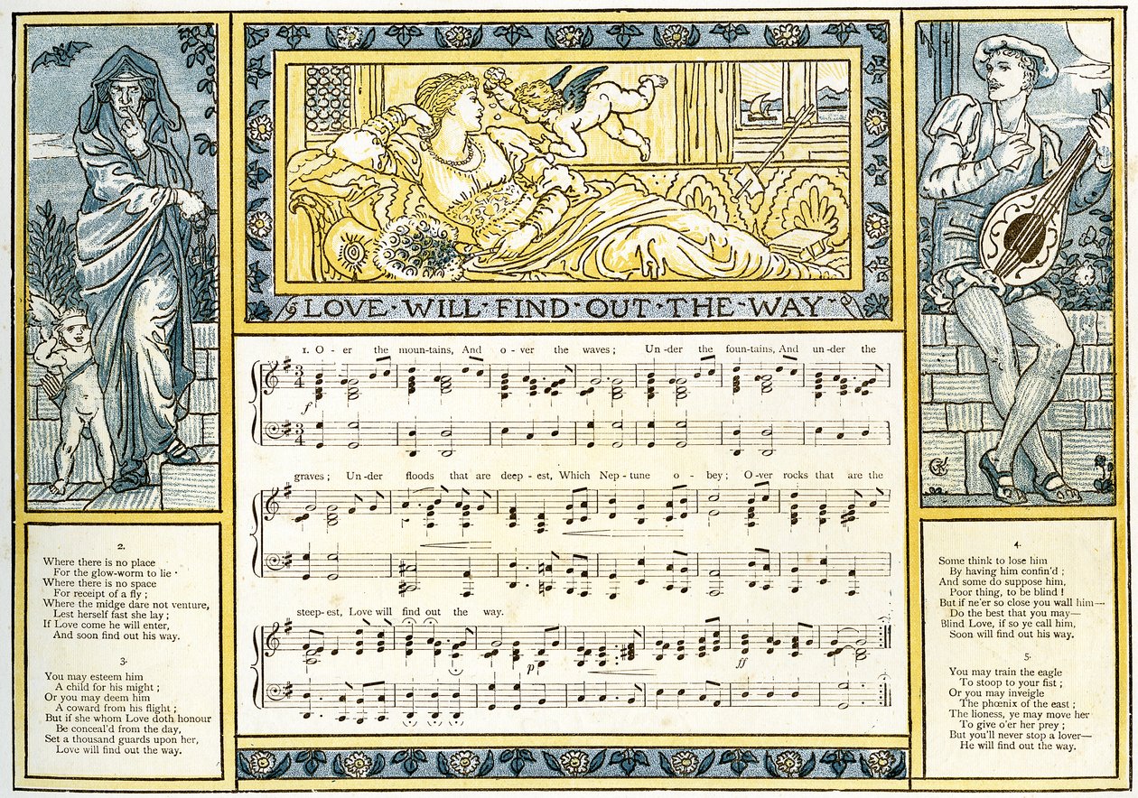 "Love Will Find Out the Way", ilustração da música de "Pan-Pipes", um livro de canções antigas, recentemente arranjado e com acompanhamentos de Theo. Marzials, publicado em Londres por George Routledge und Sons, 1884 (c de Walter Crane
