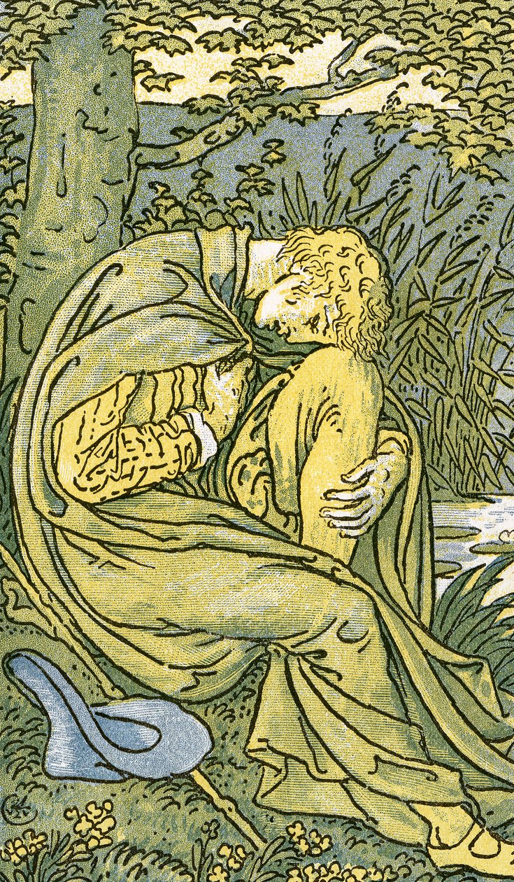 Amante com a cabeça curvada em pesar, de &39;O Willow, Willow&39;, música folclórica tradicional inglesa, ilustração de &39;Pan-Pipes&39;, Um livro de canções antigas, recém-arranjado e com acompanhamentos de Theo. Pub de Marzials de Walter Crane