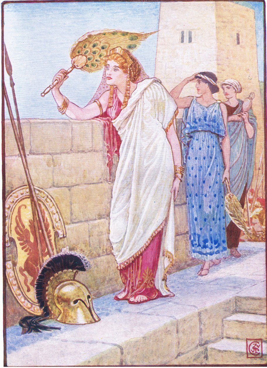 Muitas vezes ela ficava nas paredes de Tróia, ilustração da História da Grécia, década de 1930 de Walter Crane