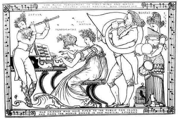"Velhos Amigos que Ciparam para o Público durante anos, e Fizeram o Mundo Dançar nas Suas Esferas Musicais" (litho) (foto a p/b) de Walter Crane